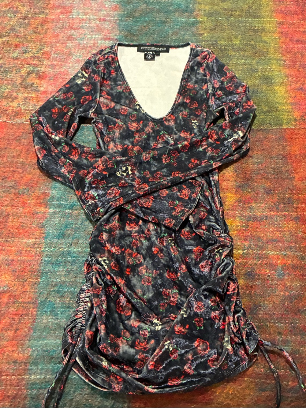 Velvet Floral Ruched Long-Sleeve Dress - Black with Red Rose Print